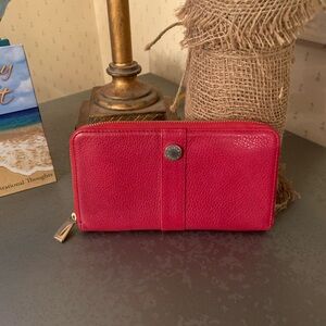 FURLA genuine PEBBLE LEATHER vibrant RED zip around wallet. GOLD hardware.